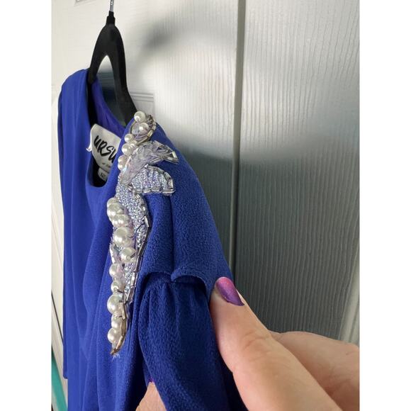 Vtg 80s Ursula of Switzerland Size 12 Blue Chiffon Drape Sequin Shoulder dress - Picture 3 of 10